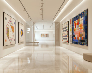 Contemporary Avant Art Gallery mockup showcasing bold digital embroidery in a clean, minimalist space, merging traditional textile techniques and digital innovation,