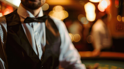 Naklejka premium Casino dealer overseeing a poker game at a table with blurred background