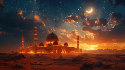 Obraz premium A serene moonlit desert scene with a mosque made of sandstone, stars twinkling above