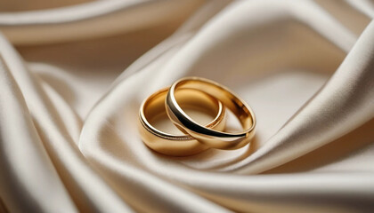 Two golden wedding rings on beige draped satin. 