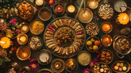 Obraz premium A traditional Indian feast during Diwali celebrations, featuring an assortment of sweets, savory snacks, and rich curries served on festive platters against a backdrop of diyas and rangoli.