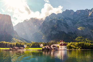 Mountain Watzmann and Pilgrimage church Sankt Bartholomä at Lake Koenigssee near Berchtesgaden...