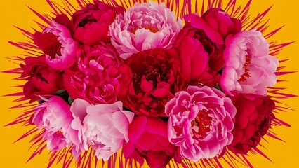 Composition with peony flowers on a yellow background creative pattern