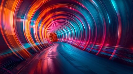 Rainbow-colored Abstract Tunnel towards the future. Dimensional portal. Advertising concept.