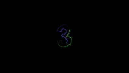  Countdown three number, green, blue, neon light illustration. Black background UHD 4k illustration.
