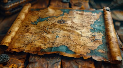 Old World map on vintage wooden table, worn torn paper and instruments. Background for journey theme. Concept of antique, history, discovery, retro, travel, treasure