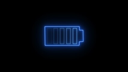 Abstract neon battery charging icon royal blue color illustration. Black background 4k illustration.