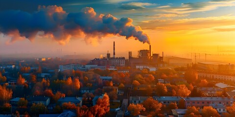 Industrial Activity in Urban Setting Factory Emitting Smoke Near Residential Area. Concept Urban Pollution, Industrial Emissions, Environmental Impact, Factory Operations, Residential Proximity