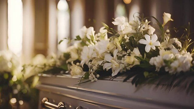 Elegance in Mourning: White Flowers Adorn Church Coffin