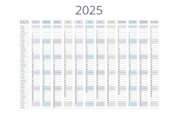 Calendar vertical, planner, date, calender, planner for 2025. Vector Stationery Design Print 2025 Template with Place for Photo, Your Logo and Text. calendar design 2025