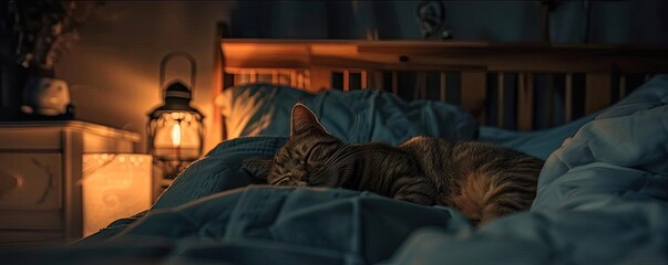 Serene cozy bedroom with a cat sleeping peacefully on the bed under warm, dim lighting from a lantern on the nightstand.
