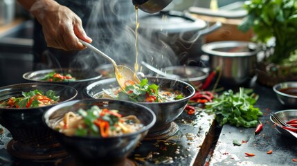 A traditional Thai cook pouring hot and sour Tom Yum Goong soup into bowls, garnished with fresh cilantro and chili peppers, with steam rising from the bubbling broth in a rustic kitchen.