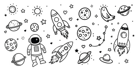 Hand drawn space. Doodle space planets, astrology cosmic doodles. Cosmos hand-drawn doodle set. Vector illustration © Jevgeniya Mukhitova