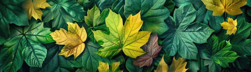 Obraz premium Vibrant green and yellow leaves in an overlapping pattern, evoking the beauty of nature and the changing seasons.