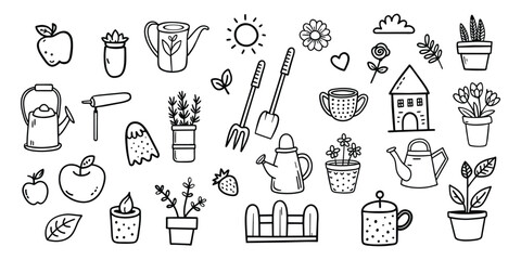 Doodle icons garden.Set hand drawn vector isolated elements. Gardening. Springtime. Black and white set of garden tools, seedlings, flower isolated on white background.