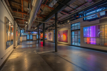 Fototapeta premium Innovative Avant Art Gallery interior with contemporary digital installations in a high-tech, industrial-inspired space, blending light, motion, and digital creativity,