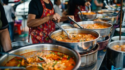 Obraz premium A traditional Thai street food vendor ladling out servings of Tom Yum Goong soup into bowls, with a line of customers waiting eagerly at a bustling market stall.