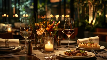 88. Elegant table setting with gourmet appetizers, sophisticated ambiance, and candlelit dining experience