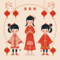 illustration of happy children playing using Cheongsam with Chinese ornaments .chinese new year greeting