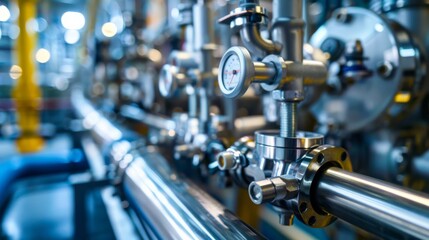 A close up of a pipe with many valves and gauges