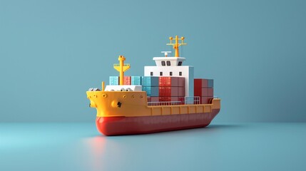 Obraz premium A colorful cargo ship with containers in a minimalistic blue background, showcasing maritime transport and logistics. 3D Illustration.