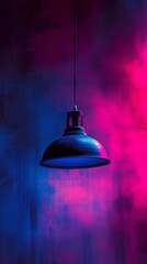 Obraz premium Vintage hanging lamp with vibrant pink and blue lighting, artistic background. Modern interior design concept