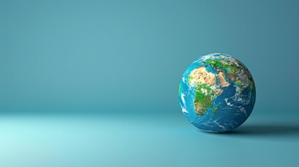 Fototapeta premium A globe representing Planet Earth on a minimalist blue background, symbolizing global unity, geography, and environmental awareness. 3D Illustration.