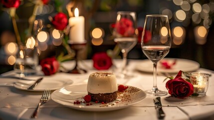 Naklejka premium 81. Elegant table setting with gourmet dessert, romantic candlelight, and luxurious restaurant ambiance