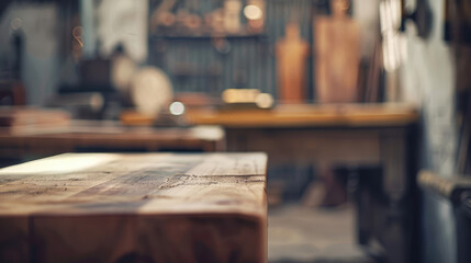 A woodworking shop with a rustic charm, centered around a workbench