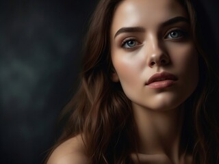 Fototapeta premium Portrait of Beautyful women curios face cinematic art look with scattered hair illuminated with shadow basks in the joy of moonlight on a light black background size 4:3