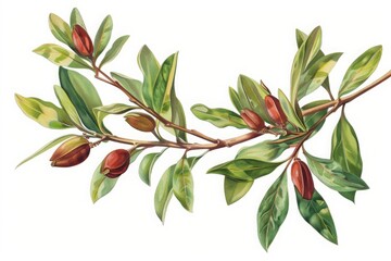 Obraz premium Branch with cocoa pods and leaves. Detailed botanical watercolor illustration isolated on white background. Cocoa plant illustration for design and print. Ayurvedic herbs, Ayurveda, Generative AI