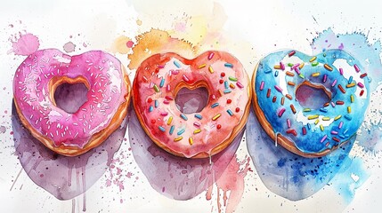 Heartshaped pastel watercolor donuts with sprinkles, Watercolor, Pastel, Fun