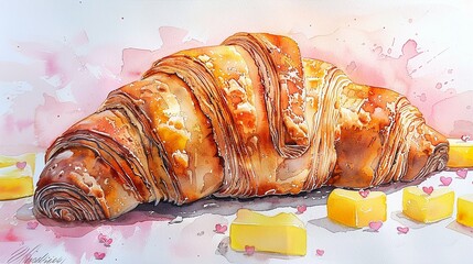 A watercolor croissant with pastel heartshaped butter pats, Watercolor, Pastel, Romantic