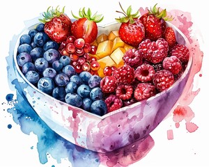 Pastel watercolor smoothie heart-shaped bowl with fruits and nuts, Watercolor, Pastel, Healthy