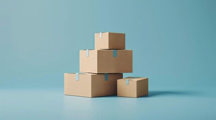 Fototapeta premium A stack of four brown cardboard boxes on a clean blue background. Ideal for delivery, shipping, and packaging concepts. 3D Illustration.