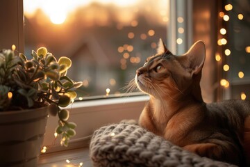 Serene cat gazing out the window at sunset with cozy decor, embracing a warm and tranquil atmosphere in the home.