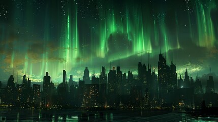 Fototapeta premium Aurora Borealis over a city skyline, with the lights contrasting against the urban landscape and night lights.