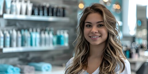 Skilled and confident young female stylist excelling at a salon. Concept Hair Styling, Salon Services, Fashionable Trends, Confidence Boost, Skilled Stylist