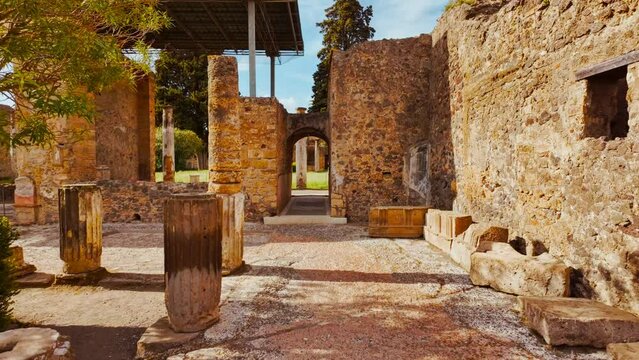 Colonnade at the House of the Faun (Casa del Fauno), Pompeii, Naples, Campania, Italy, an ancient Roman city buried by Mount Vesuvius in 79 AD
