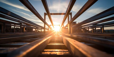 Obraz premium The towering steel beams of a building. Concept Architecture, Urban Landscapes, Construction, Metal Structures, Engineering