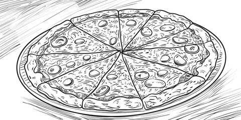 Continuous line drawing of a traditional Italian fast food: fresh pizza. Concept Continuous Line Drawing, Traditional Italian, Fast Food, Fresh Pizza