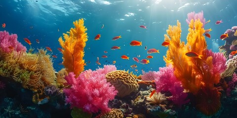 Obraz premium Preservation of Marine Life: A Vibrant Coral Reef in a Turquoise Ocean. Concept Marine Conservation, Coral Ecosystem, Ocean Biodiversity, Sustainable Practices, Marine Habitat Protection
