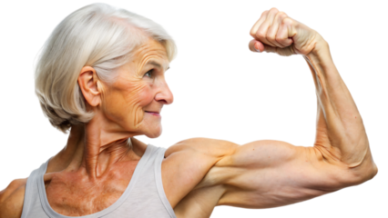 A muscular old woman with her strong arm, showcasing her biceps