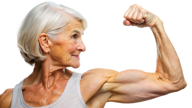 A muscular old woman with her strong arm, showcasing her biceps