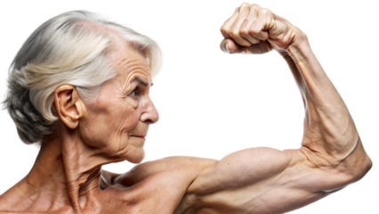A muscular old woman with her strong arm, showcasing her biceps