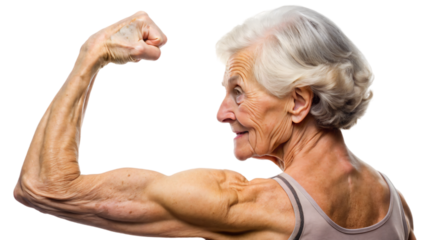 A muscular old woman with her strong arm, showcasing her biceps