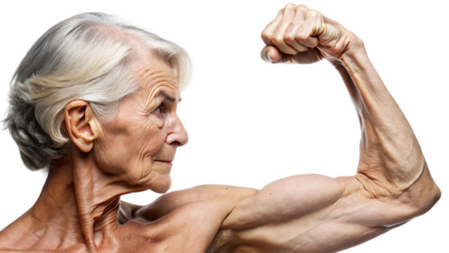A muscular old woman with her strong arm, showcasing her biceps