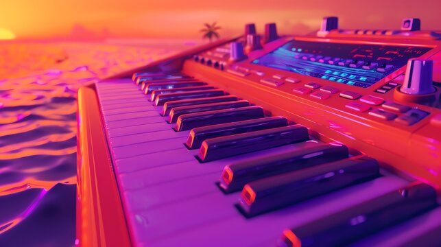 A synthesizer with a beautiful sunset in the background. The colors of the sunset are reflected on the synthesizer.