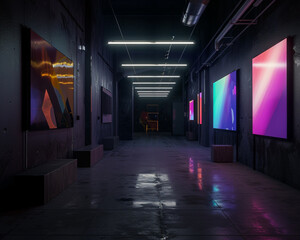 Sophisticated Avant Art Gallery mockup showcasing modern digital art installations in a dark, tech-forward space, blending light, motion, and user interaction for engaging experiences,