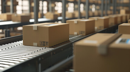 Cardboard boxes on conveyor roller in storage warehouse background. Packed courier in a production line, distribution, transportation system, and shipping concepts.	